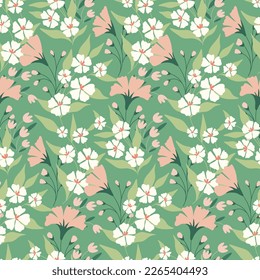 Seamless floral pattern with gentle spring garden. Cute ditsy print, beautiful botanical design with hand drawn wild plants: small flowers, leaves, branches on a green background. Vector illustration.
