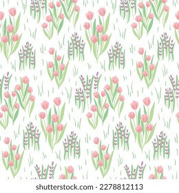 Seamless floral pattern, gentle spring print with small cute flowers. Simple botanical design with hand drawn wild flowers, leaves, tiny grass on white background. Vector illustration.