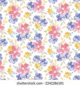 Seamless floral pattern in gentle watercolor style. Pretty flower print: small hand drawn flowers, leaves in bouquets on white background. Spring ditsy design for fabric, paper. Vector illustration.