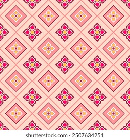 Seamless floral pattern with geometric diamonds. Pink and magenta flowers on light background. Retro style textile design. Elegant pattern for fabric, wallpaper, or scrapbooking. Vintage inspired.