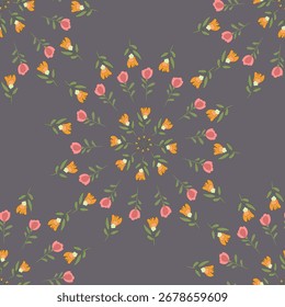 Seamless floral pattern with geometric flowers and leaves suitable for textile wallpaper and digital design.