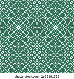 Seamless floral pattern with a geometric ornamental white grid on a green background. Contemporary retro style. Abstract vector illustration for wrapping paper, wallpaper, cover, and printing.