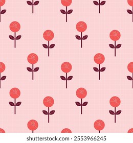 Seamless Floral Pattern with Geometric Red Flowers on Pink Background