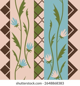 Seamless floral pattern with geometric shapes. White and blue flowers with green leaves on light pink background with  brown and green squares. Could be used as print, texture, wallpaper, cover, paper