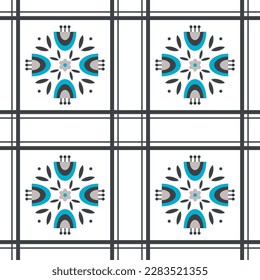Nahtlose Blumenmuster im geometrischen Stil. Schachte Textur mit Pflanzen. Symmetrische stilisierte Komposition mit Glocken. Textur für den Druck auf Verpackungen und Textilien.