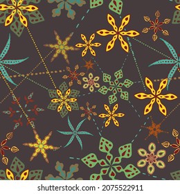 seamless floral pattern, geometric symmetrical flowers with dotted lines.