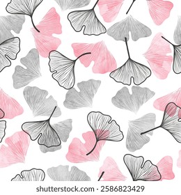 Seamless floral pattern with gingko leaf. Pink and grey leaves vector print