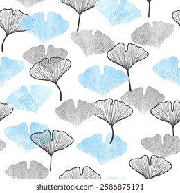 Seamless floral pattern with gingko leaf. Blue and grey leaves vector print