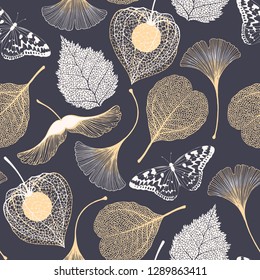 Seamless floral pattern with ginkgo biloba leaves