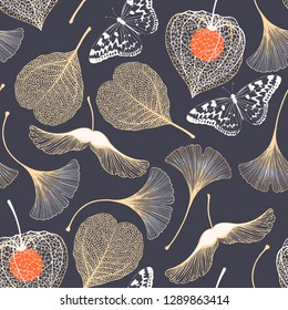 Seamless floral pattern with ginkgo biloba leaves