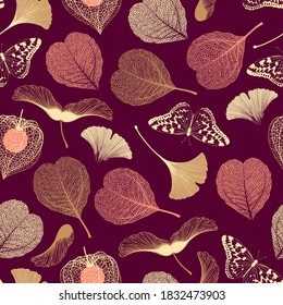 Seamless floral pattern with ginkgo biloba leaves, butterflies and maple seeds. Vector elegant background