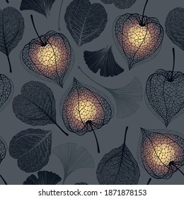 Seamless floral pattern with ginkgo biloba leaves, eucalyptus leaves and physalis. Vector elegant background