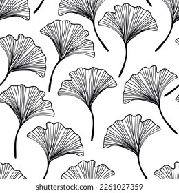 Seamless floral pattern with ginkgo biloba leaves. Art flowers on color background. Decorative sceleton leaf. Vector hand drawn illustration. Minimal linear style.