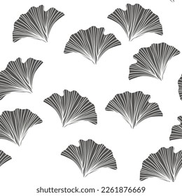 Seamless floral pattern with ginkgo biloba leaves. Art flowers on color background. Decorative sceleton leaf. Vector hand drawn illustration. Minimal linear style.