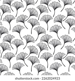 Seamless floral pattern with ginkgo biloba leaves. Art flowers on color background. Decorative sceleton leaf. Vector hand drawn illustration. Minimal linear style.