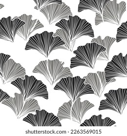 Seamless floral pattern with ginkgo biloba leaves. Art flowers on color background. Decorative sceleton leaf. Vector hand drawn illustration. Minimal linear style.