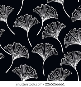 Seamless floral pattern with ginkgo biloba leaves. Art flowers on color background. Decorative sceleton leaf. Vector hand drawn illustration. Minimal linear style.