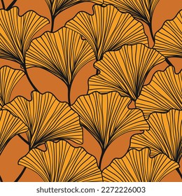 Seamless floral pattern with ginkgo biloba leaves. Art flowers on color background. Decorative sceleton leaf. Vector hand drawn illustration. Minimal linear style.