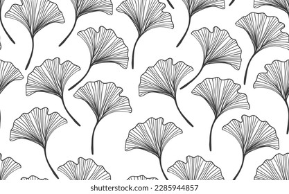 Seamless floral pattern with ginkgo biloba leaves. Art flowers on color background. Decorative sceleton leaf. Vector hand drawn illustration. Minimal linear style.
