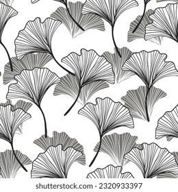 Seamless floral pattern with ginkgo biloba leaves. Art flowers on color background. Decorative sceleton leaf. Vector hand drawn illustration. Minimal linear style.