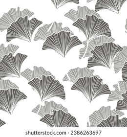 Seamless floral pattern with ginkgo biloba leaves. Art flowers on color background. Decorative sceleton leaf. Vector hand drawn illustration. Minimal linear style.