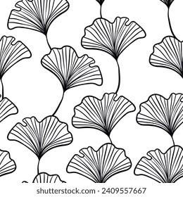 Seamless floral pattern with ginkgo biloba leaves. Art flowers on color background. Decorative sceleton leaf. Vector hand drawn illustration. Minimal linear style.