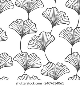 Seamless floral pattern with ginkgo biloba leaves. Art flowers on color background. Decorative sceleton leaf. Vector hand drawn illustration. Minimal linear style.