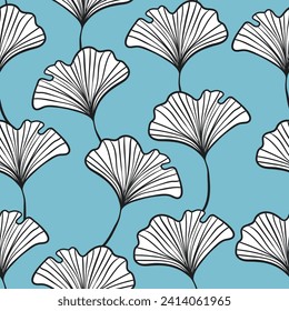 Seamless floral pattern with ginkgo biloba leaves. Art flowers on color background. Decorative sceleton leaf. Vector hand drawn illustration. Minimal linear style.