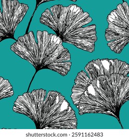 Seamless floral pattern with ginkgo biloba leaves. Art flowers on color background. Decorative sceleton leaf. Vector hand drawn illustration. Minimal linear style.