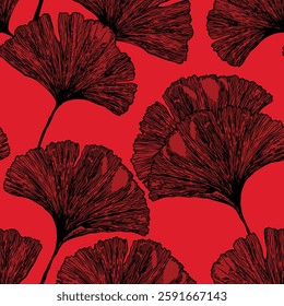 Seamless floral pattern with ginkgo biloba leaves. Art flowers on color background. Decorative sceleton leaf. Vector hand drawn illustration. Minimal linear style.