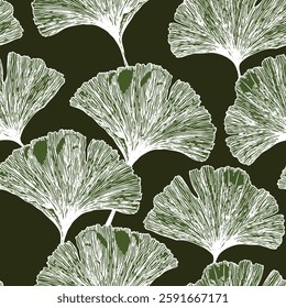 Seamless floral pattern with ginkgo biloba leaves. Art flowers on color background. Decorative sceleton leaf. Vector hand drawn illustration. Minimal linear style.