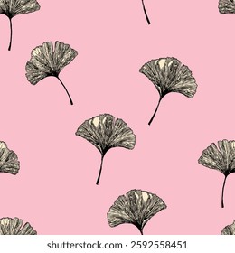 Seamless floral pattern with ginkgo biloba leaves. Art flowers on color background. Decorative sceleton leaf. Vector hand drawn illustration. Minimal linear style.