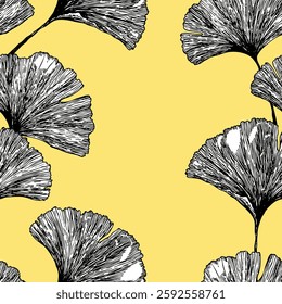 Seamless floral pattern with ginkgo biloba leaves. Art flowers on color background. Decorative sceleton leaf. Vector hand drawn illustration. Minimal linear style.