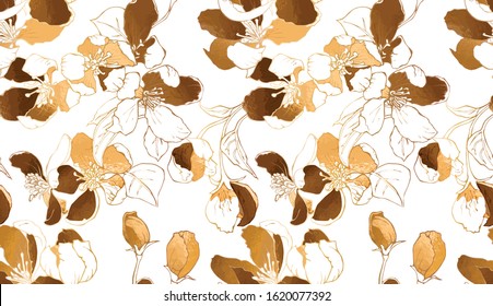 Seamless floral pattern. Gold Cherry flowers and leaves. Textile composition, hand drawn style print. Vector illustration.