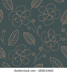 Seamless floral pattern, gold  flowers and leaves on  green background. Vintage.