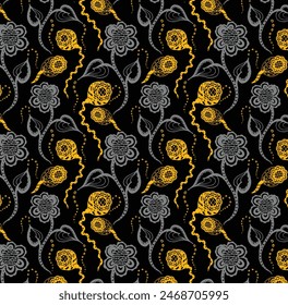 Seamless floral pattern with gold flowers - Roses on black background. Hand drawn floral repeat ornament of blossoms in sketch style. Usable for wrapping paper, covers, textile.
