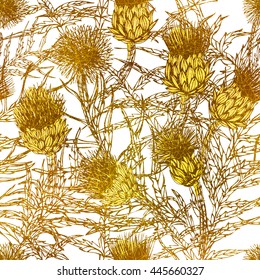 Seamless floral pattern with gold flowers on white background. Abstract Artichoke. Vector retro illustration.