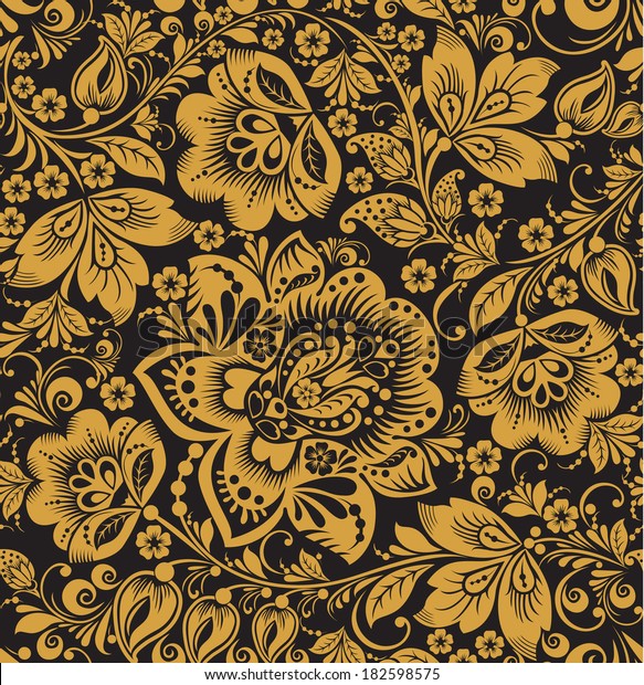 シームレスな花柄 黒い背景に金色の花 ホーロマ のベクター画像素材 ロイヤリティフリー