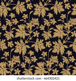 Seamless floral pattern. Gold foil silhouettes of foliage and geranium flower on black background. Vintage vector illustration. Hand drawing. Template for packaging, textiles, paper, wallpaper, fabric