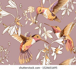 Seamless floral pattern. Gold Hummingbirds, flowers and herbs on a rose background. Textile composition, hand drawn style print. Vector illustration.