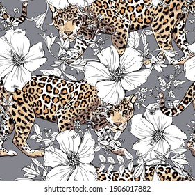 Seamless floral pattern. Gold Jaguar and white Hibiscus flowers, herbs and leaves on a gray background. Textile composition, hand drawn style print. Vector illustration.
