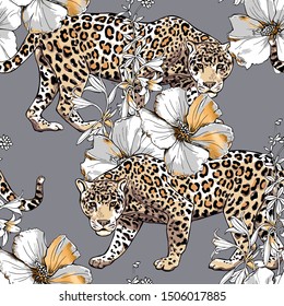 Seamless floral pattern. Gold Jaguar and Hibiscus flowers, herbs and leaves on a gray background. Textile composition, hand drawn style print. Vector illustration.