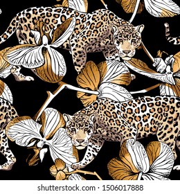 Seamless floral pattern. Gold Jaguar and Orchid flowers on a black background. Textile composition, hand drawn style print. Vector illustration.