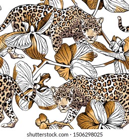 Seamless floral pattern. Gold Jaguar and Orchid flowers on a white background. Textile composition, hand drawn style print. Vector illustration.