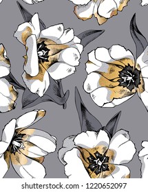 Seamless floral pattern. Gold open tulip flowers and leaves on a gray background. Textile composition, hand drawn style print. Vector illustration.