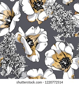 Seamless floral pattern. Gold open tulip flowers and lilac on a gray background. Textile composition, hand drawn style print. Vector illustration.