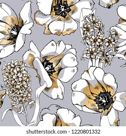 Seamless floral pattern. Gold open tulip and Hyacinth flowers on a light gray background. Textile composition, hand drawn style print. Vector illustration.