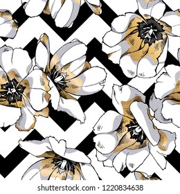 Seamless floral pattern. Gold open tulip flowers on a geometric background. Textile composition, hand drawn style print. Vector illustration.
