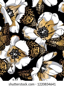 Seamless floral pattern. Gold open tulip flowers and butterflies on a black background. Textile composition, hand drawn style print. Vector illustration.