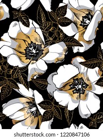 Seamless floral pattern. Gold open tulip flowers and rose leaves on a black background. Textile composition, hand drawn style print. Vector illustration.